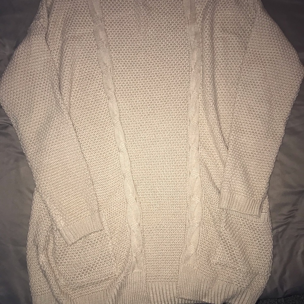 Vintage Long Khaki Thigh Length Cardigan Large Chunky Cable Knit